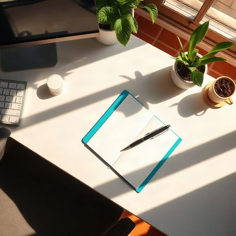 Escritorio ordenado con cuaderno azul en la oficina familiar de Betaklumen en Palma